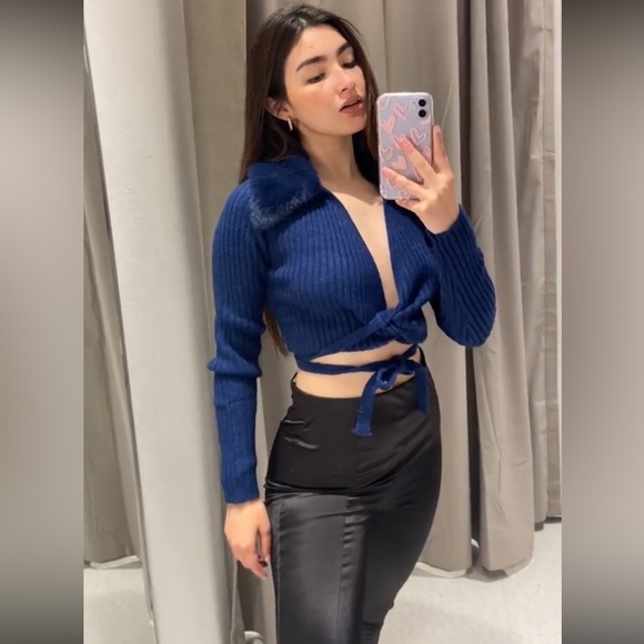 Zara Navy Blue Wool Blend Faux Fur Lapel Collar Knit Cardigan - Picture 7 of 17